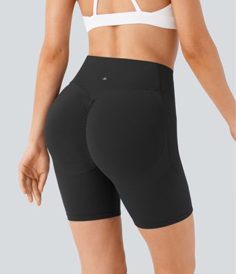 Halara UltraSculpt™ Biker-Shorts mit hohem Bund 7'': geraffter Po für Lift, bauchformend, mit Seitentasche, formend fürs Training