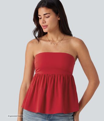 Breezeful™ Shirred Ruffle Hem Quick Dry Casual Babydoll Tube Top