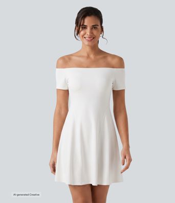 SoftlyZero™ robe mini décontractée en peluche, épaules dénudées, manches courtes, soutien-gorge intégré, bonnets B-DD