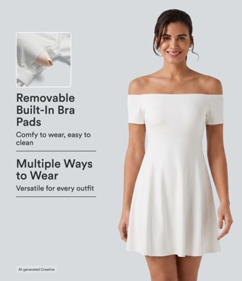 SoftlyZero™ Plush Off Shoulder Short Sleeve Built-in Bra Mini Casual Dress B-DD Cups SoftlyZero™ Plush Off Shoulder Short Sleeve Built-in Bra Mini Casual Dress B-DD Cups