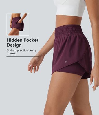 Breezeful™ High Waisted 2-in-1 Crossover Curved Hem Quick Dry Running Shorts 3'' with Pockets
