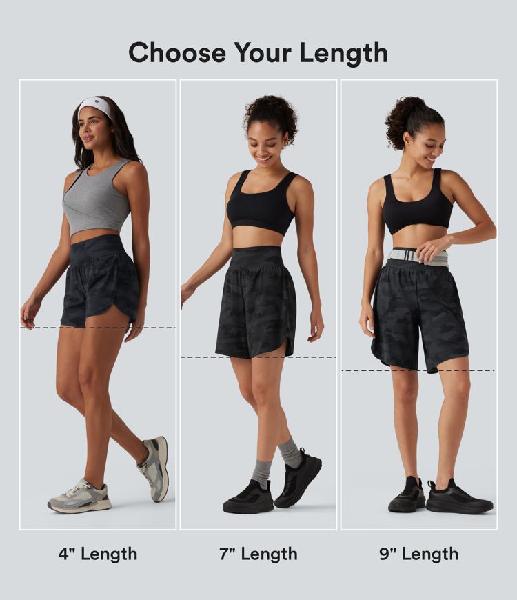 Halara UltraSculpt™ Camo Print High Waisted Tummy Control Curved Hem 2-in-1 Running Shorts 4" with Pocket