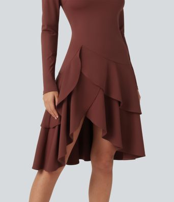 Softlyzero™ Airy - Lässiges Midikleid mit Stehkragen, langen Ärmeln, InstantCool und gestuftem Rüschensaum