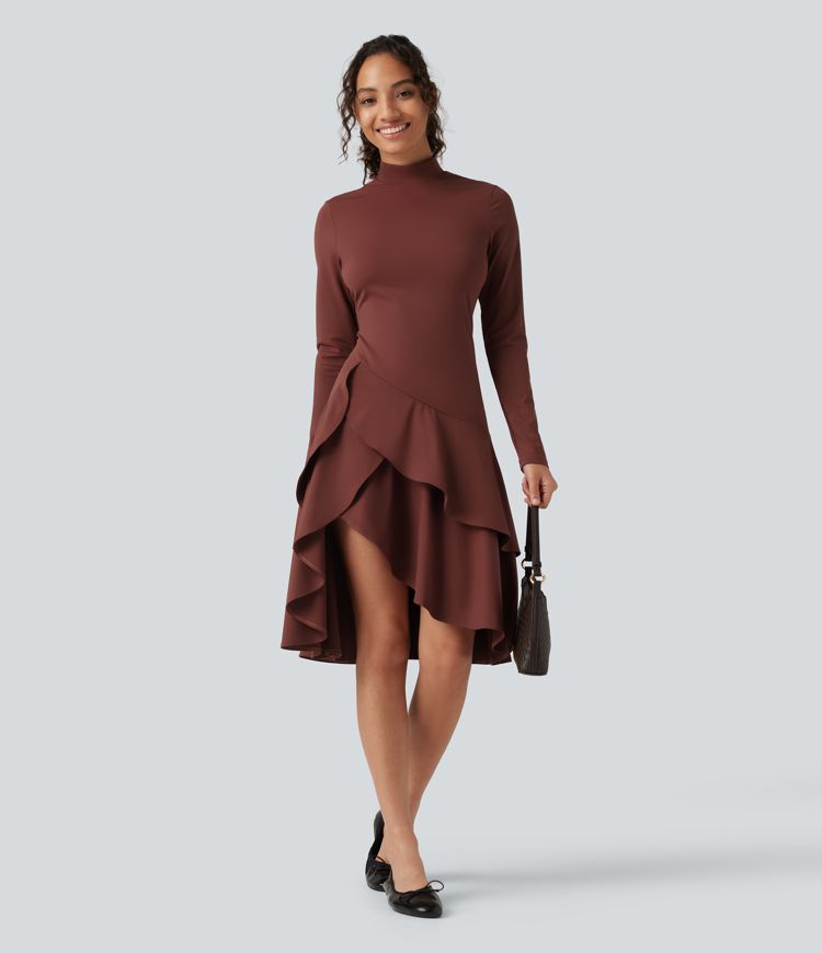 Softlyzero™ Airy - Lässiges Midikleid mit Stehkragen, langen Ärmeln, InstantCool und gestuftem Rüschensaum