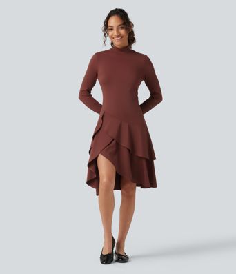 Softlyzero™ Airy - Lässiges Midikleid mit Stehkragen, langen Ärmeln, InstantCool und gestuftem Rüschensaum