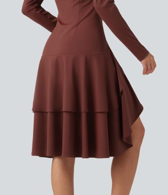 Softlyzero™ Airy - Lässiges Midikleid mit Stehkragen, langen Ärmeln, InstantCool und gestuftem Rüschensaum