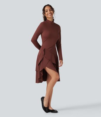 Softlyzero™ Airy - Lässiges Midikleid mit Stehkragen, langen Ärmeln, InstantCool und gestuftem Rüschensaum