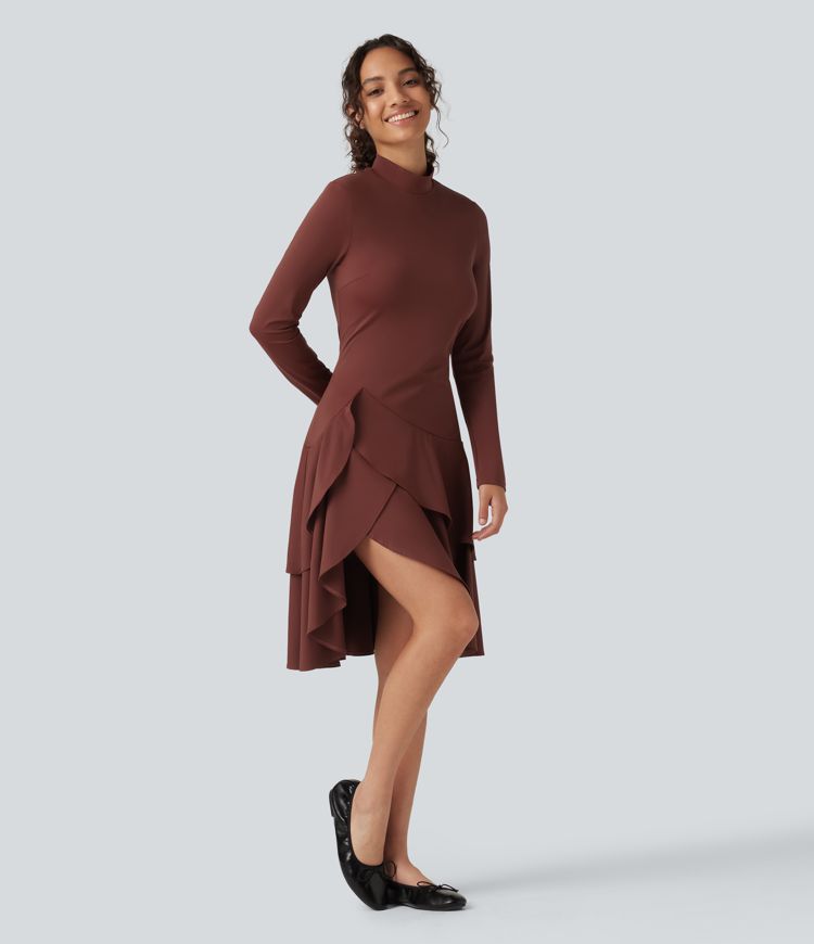 Softlyzero™ Airy - Lässiges Midikleid mit Stehkragen, langen Ärmeln, InstantCool und gestuftem Rüschensaum
