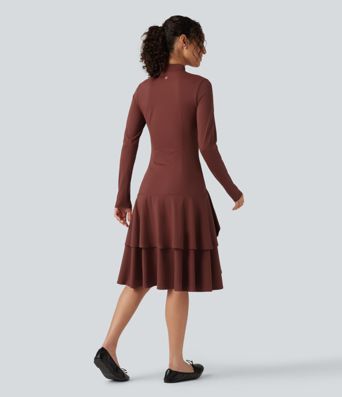 Softlyzero™ Airy - Lässiges Midikleid mit Stehkragen, langen Ärmeln, InstantCool und gestuftem Rüschensaum