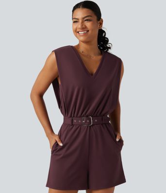 SoftlyZero™ Airy V Neck Sleeveless Belted InstantCool Casual Romper with Pockets-Easy Peezy Edition-UPF50+
