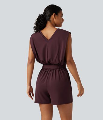 SoftlyZero™ Airy V Neck Sleeveless Belted InstantCool Casual Romper with Pockets-Easy Peezy Edition-UPF50+