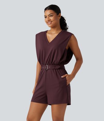 SoftlyZero™ Airy V Neck Sleeveless Belted InstantCool Casual Romper with Pockets-Easy Peezy Edition-UPF50+
