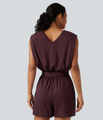 SoftlyZero™ Airy V Neck Sleeveless Belted InstantCool Casual Romper with Pockets-Easy Peezy Edition-UPF50+