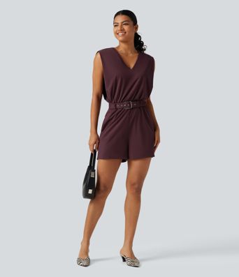 SoftlyZero™ Airy V Neck Sleeveless Belted InstantCool Casual Romper with Pockets-Easy Peezy Edition-UPF50+