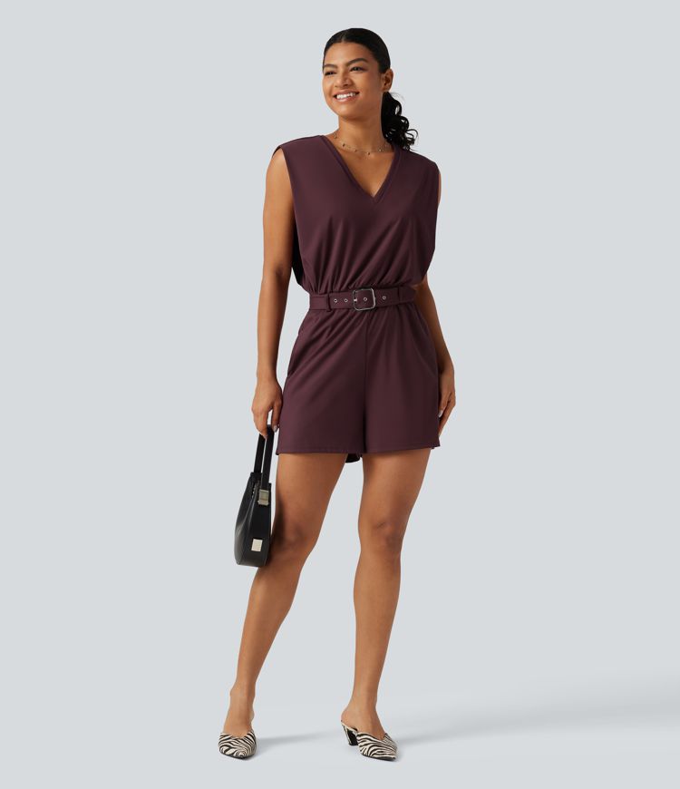 SoftlyZero™ Airy V Neck Sleeveless Belted InstantCool Casual Romper with Pockets-Easy Peezy Edition-UPF50+