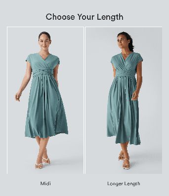 Breezeful™ V Neck Short Sleeve Pocket Tie Back Quick Dry Midi Casual Dress