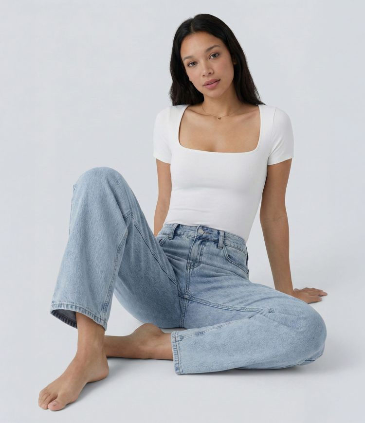 Halara Flex™ High Waisted Zipper Pockets Straight Leg Casual Jeans