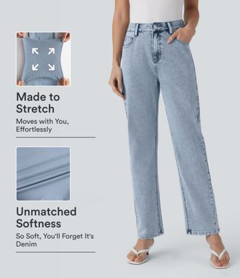 Halara Flex™ Jeans mit hohem Bund, Reißverschlusstaschen und geradem Bein — lässige Alltagsjeans