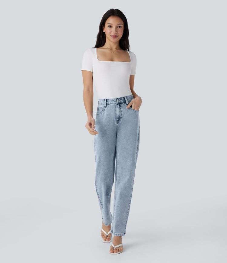 Halara Flex™ Jeans mit hohem Bund, Reißverschlusstaschen und geradem Bein — lässige Alltagsjeans