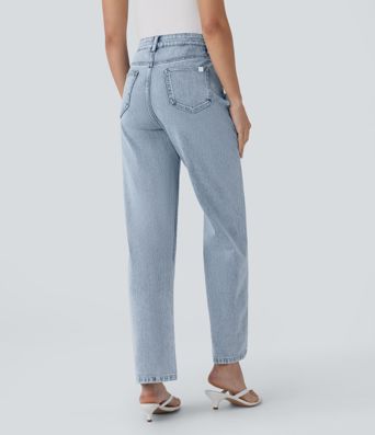 Halara Flex™ Jeans mit hohem Bund, Reißverschlusstaschen und geradem Bein — lässige Alltagsjeans