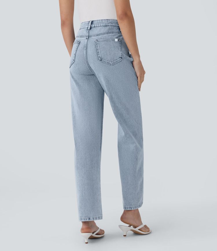 Halara Flex™ Jeans mit hohem Bund, Reißverschlusstaschen und geradem Bein — lässige Alltagsjeans