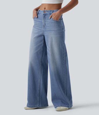 Halara Flex™ Mid Rise Washed Baggy Wide Leg Casual Jeans with Pockets Halara Flex™ Mid Rise Washed Baggy Wide Leg Casual Jeans with Pockets