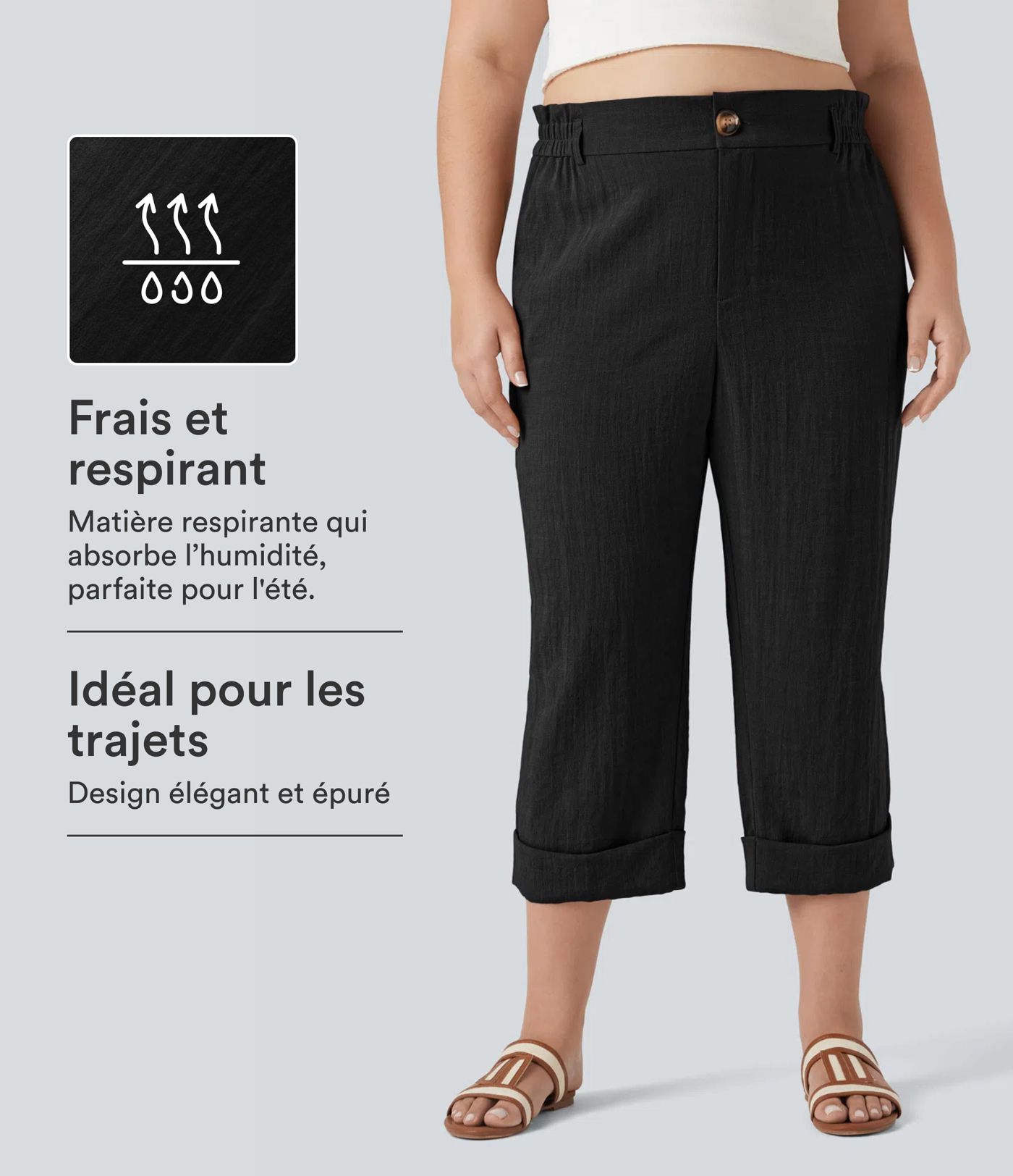 Pantalon de villégiature capri effet lin, grande taille, taille haute, avec poches Pantalon de villégiature capri effet lin, grande taille, taille haute, avec poches