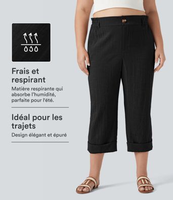 Pantalon de villégiature capri effet lin, grande taille, taille haute, avec poches Pantalon de villégiature capri effet lin, grande taille, taille haute, avec poches