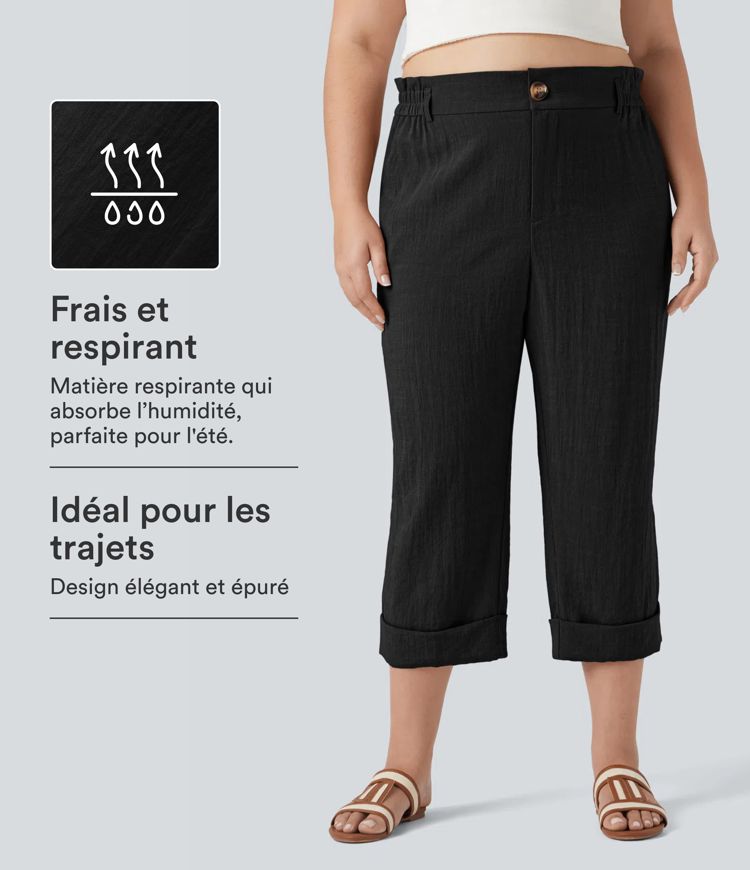 Pantalon de villégiature capri effet lin, grande taille, taille haute, avec poches Pantalon de villégiature capri effet lin, grande taille, taille haute, avec poches