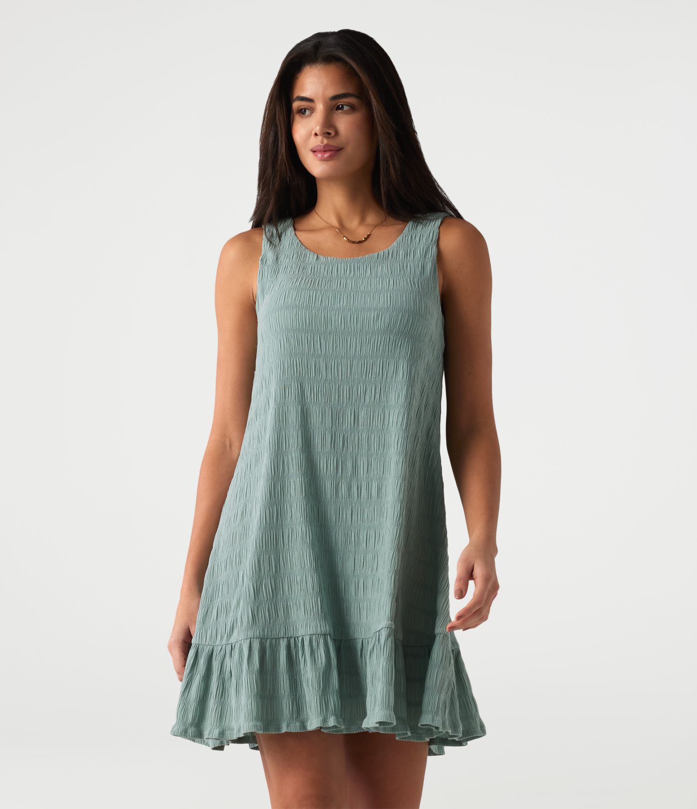 Lässiges, ärmelloses Minikleid mit Rundhalsausschnitt, integriertem BH und Rüschensaum Lässiges, ärmelloses Minikleid mit Rundhalsausschnitt, integriertem BH und Rüschensaum