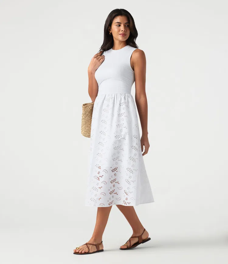 Round Neck Sleeveless Midi Embroidery Eyelet Resort Dress with Pockets