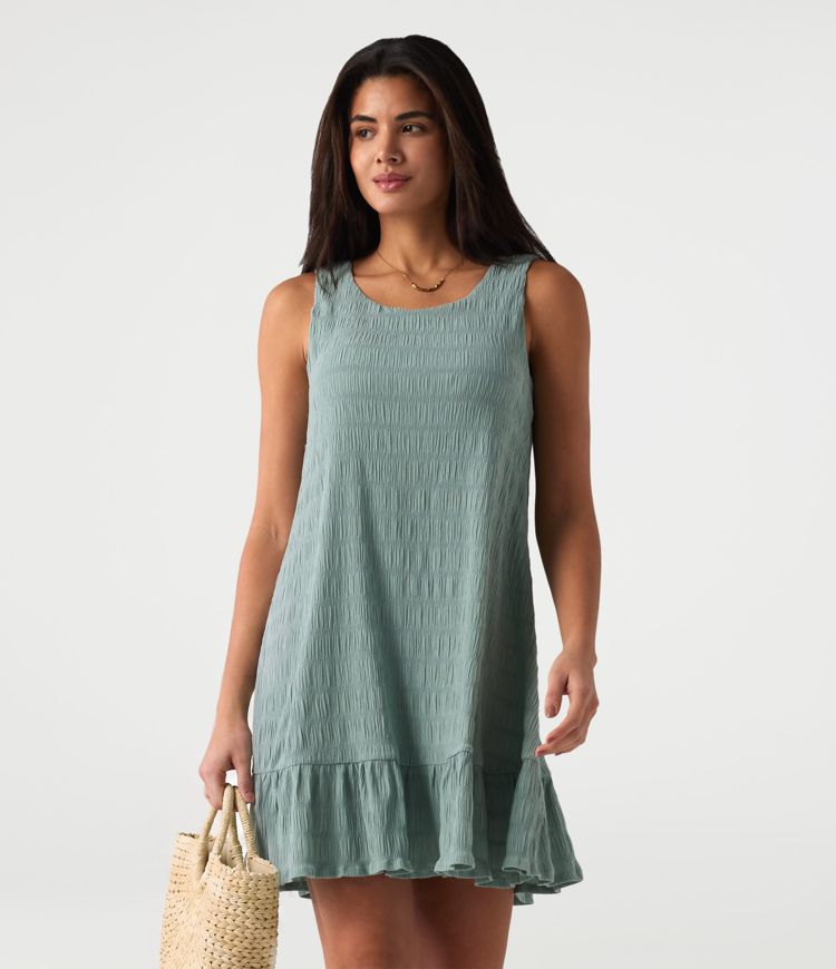 Vestido mini casual sin mangas con escote redondo, sujetador incorporado y bajo con volantes Vestido mini casual sin mangas con escote redondo, sujetador incorporado y bajo con volantes
