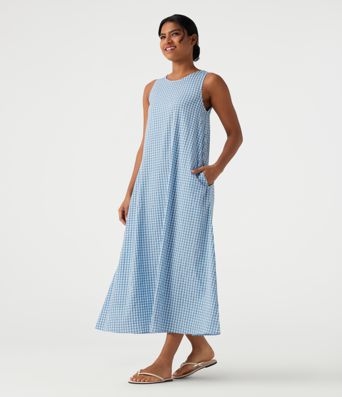 Round Neck Sleeveless Midi Crinkle Gingham Casual Tank Dress with Pockets
