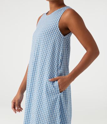 Round Neck Sleeveless Midi Crinkle Gingham Casual Tank Dress with Pockets