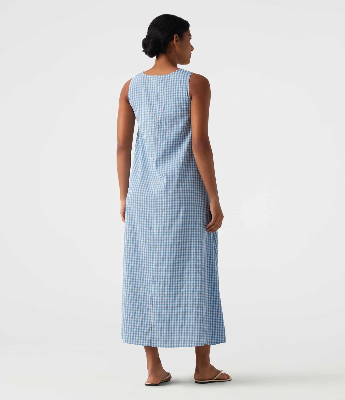 Round Neck Sleeveless Midi Crinkle Gingham Casual Tank Dress with Pockets