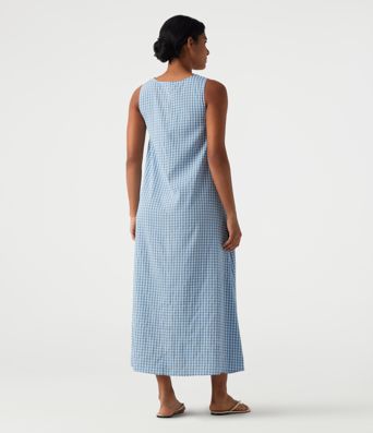 Round Neck Sleeveless Midi Crinkle Gingham Casual Tank Dress with Pockets