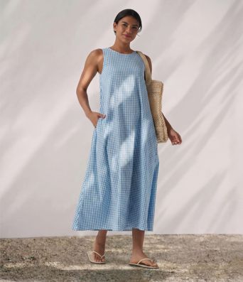 Round Neck Sleeveless Midi Crinkle Gingham Casual Tank Dress with Pockets