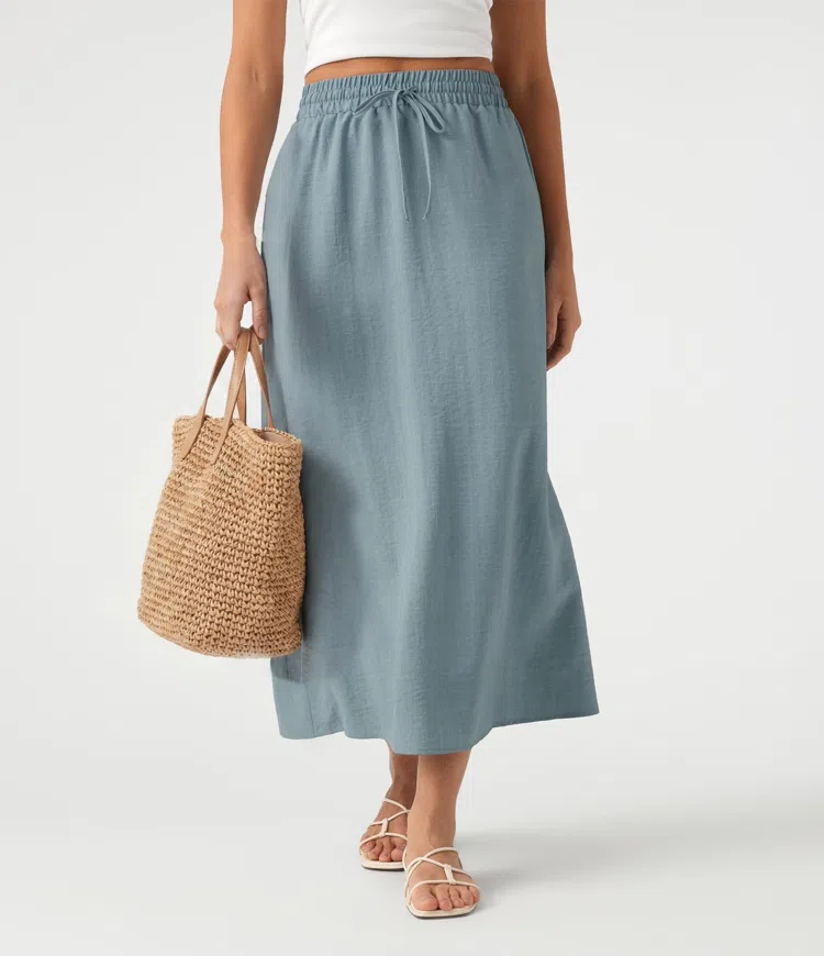 High Waisted Drawstring Maxi Linen-Feel Casual Skirt