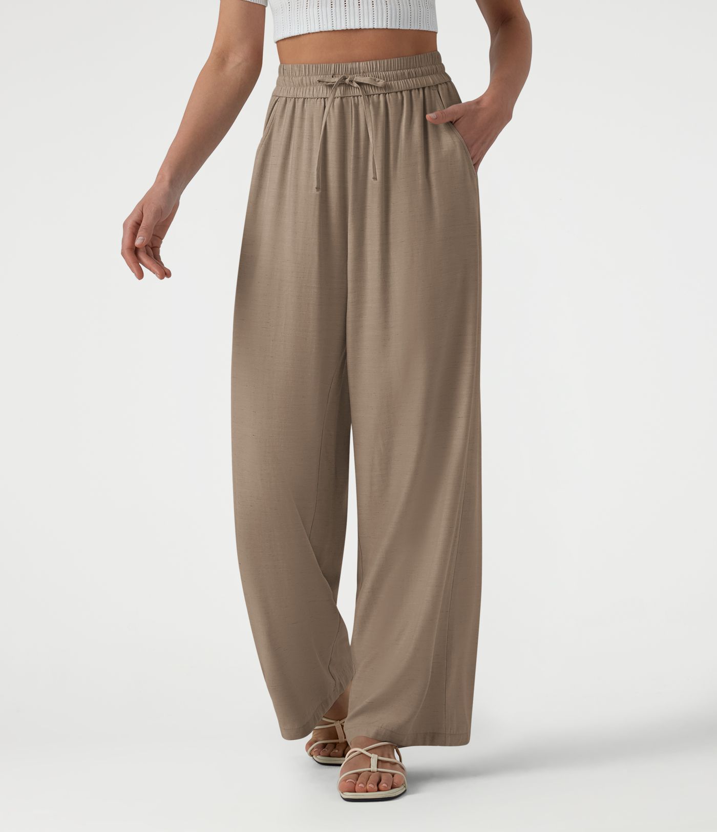 High Waisted Drawstring Wide Leg Casual Linen-Blend Pants with Pockets High Waisted Drawstring Wide Leg Casual Linen-Blend Pants with Pockets