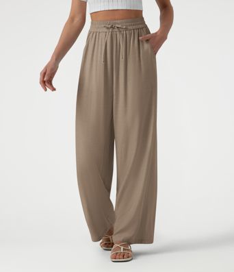 High Waisted Drawstring Wide Leg Casual Linen-Blend Pants with Pockets High Waisted Drawstring Wide Leg Casual Linen-Blend Pants with Pockets