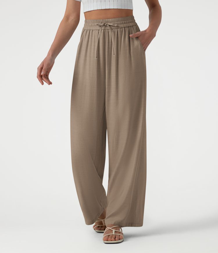 High Waisted Drawstring Wide Leg Casual Linen-Blend Pants with Pockets High Waisted Drawstring Wide Leg Casual Linen-Blend Pants with Pockets