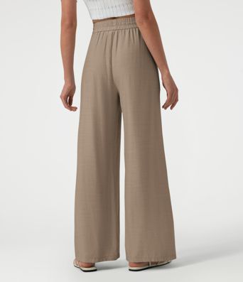 High Waisted Drawstring Wide Leg Casual Linen-Blend Pants with Pockets High Waisted Drawstring Wide Leg Casual Linen-Blend Pants with Pockets
