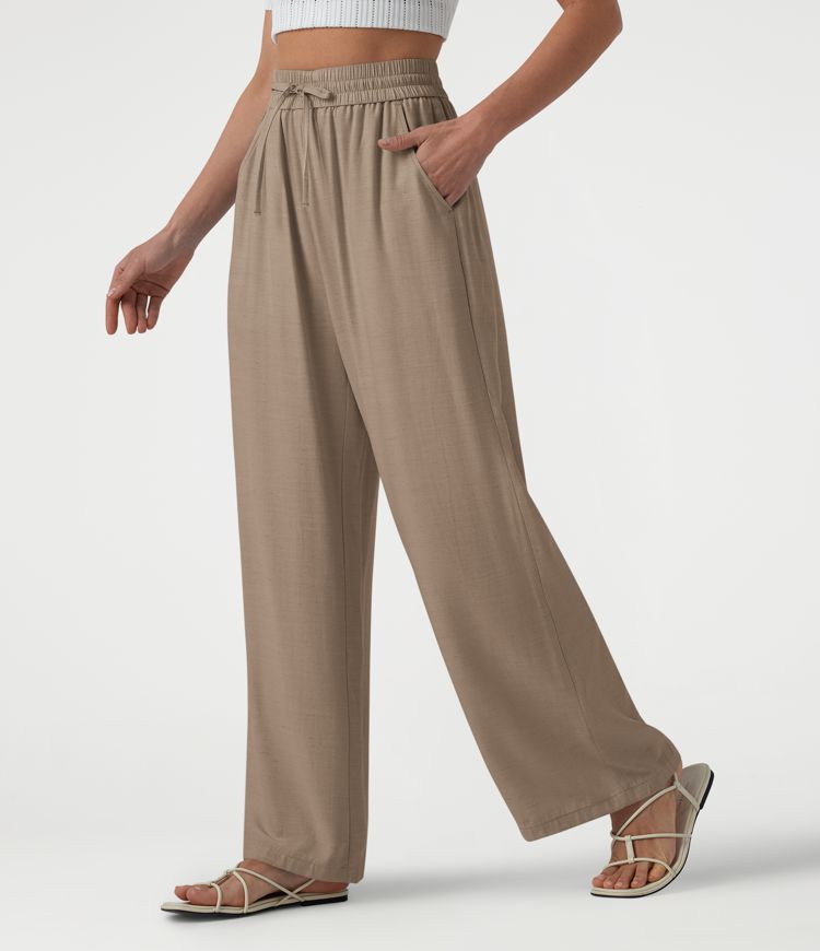 High Waisted Drawstring Wide Leg Casual Linen-Blend Pants with Pockets High Waisted Drawstring Wide Leg Casual Linen-Blend Pants with Pockets
