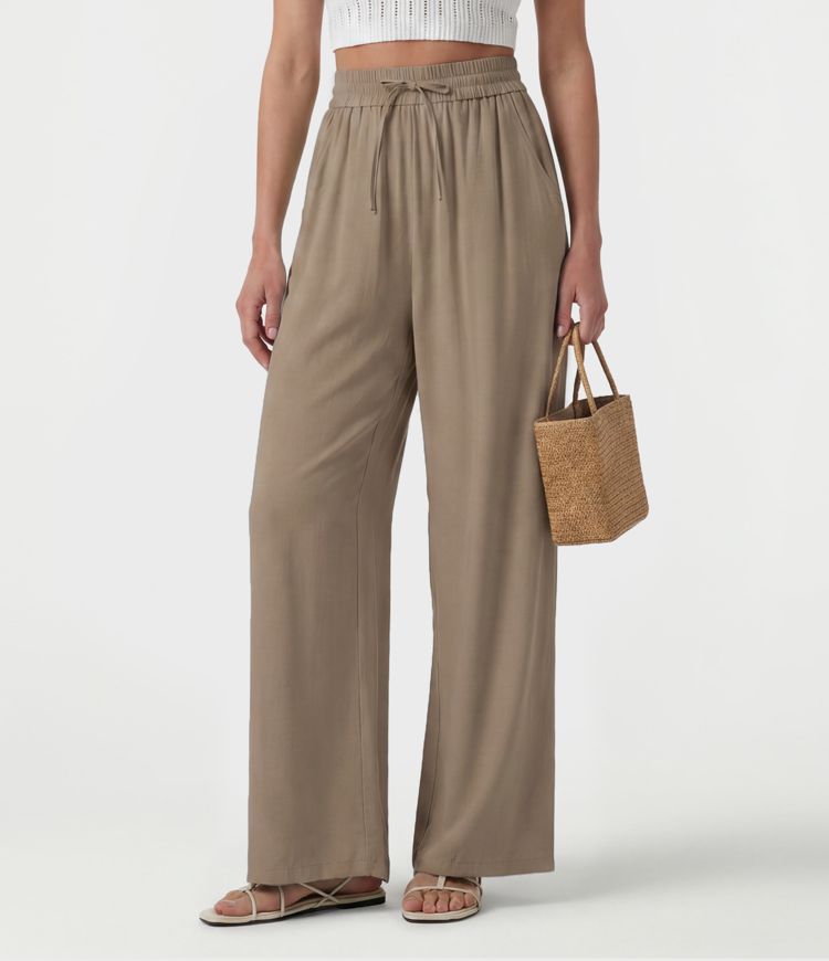 High Waisted Drawstring Wide Leg Casual Linen-Blend Pants with Pockets High Waisted Drawstring Wide Leg Casual Linen-Blend Pants with Pockets