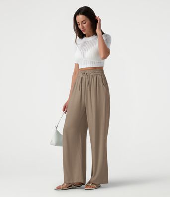High Waisted Drawstring Wide Leg Casual Linen-Blend Pants with Pockets High Waisted Drawstring Wide Leg Casual Linen-Blend Pants with Pockets
