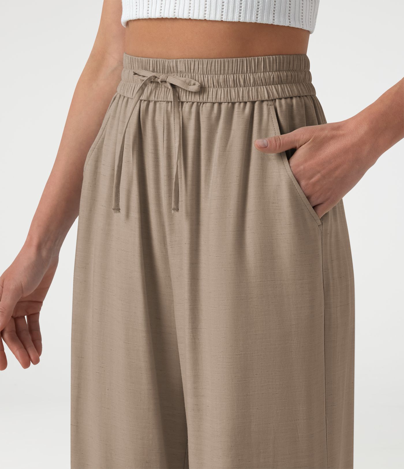 High Waisted Drawstring Wide Leg Casual Linen-Blend Pants with Pockets High Waisted Drawstring Wide Leg Casual Linen-Blend Pants with Pockets
