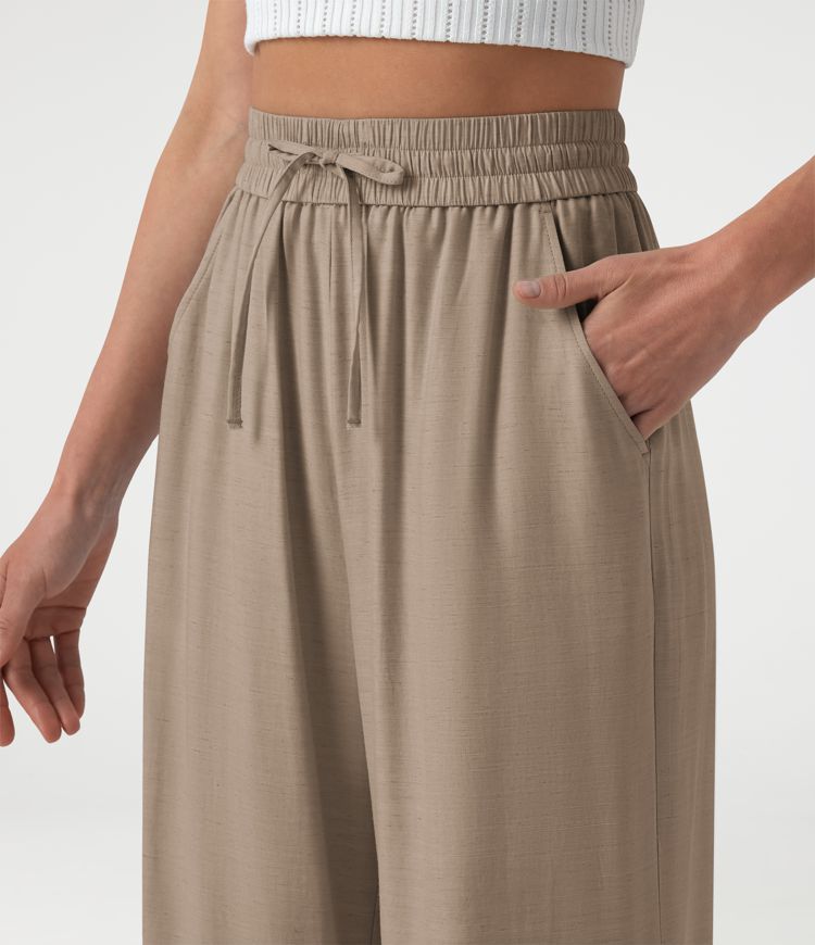 High Waisted Drawstring Wide Leg Casual Linen-Blend Pants with Pockets High Waisted Drawstring Wide Leg Casual Linen-Blend Pants with Pockets