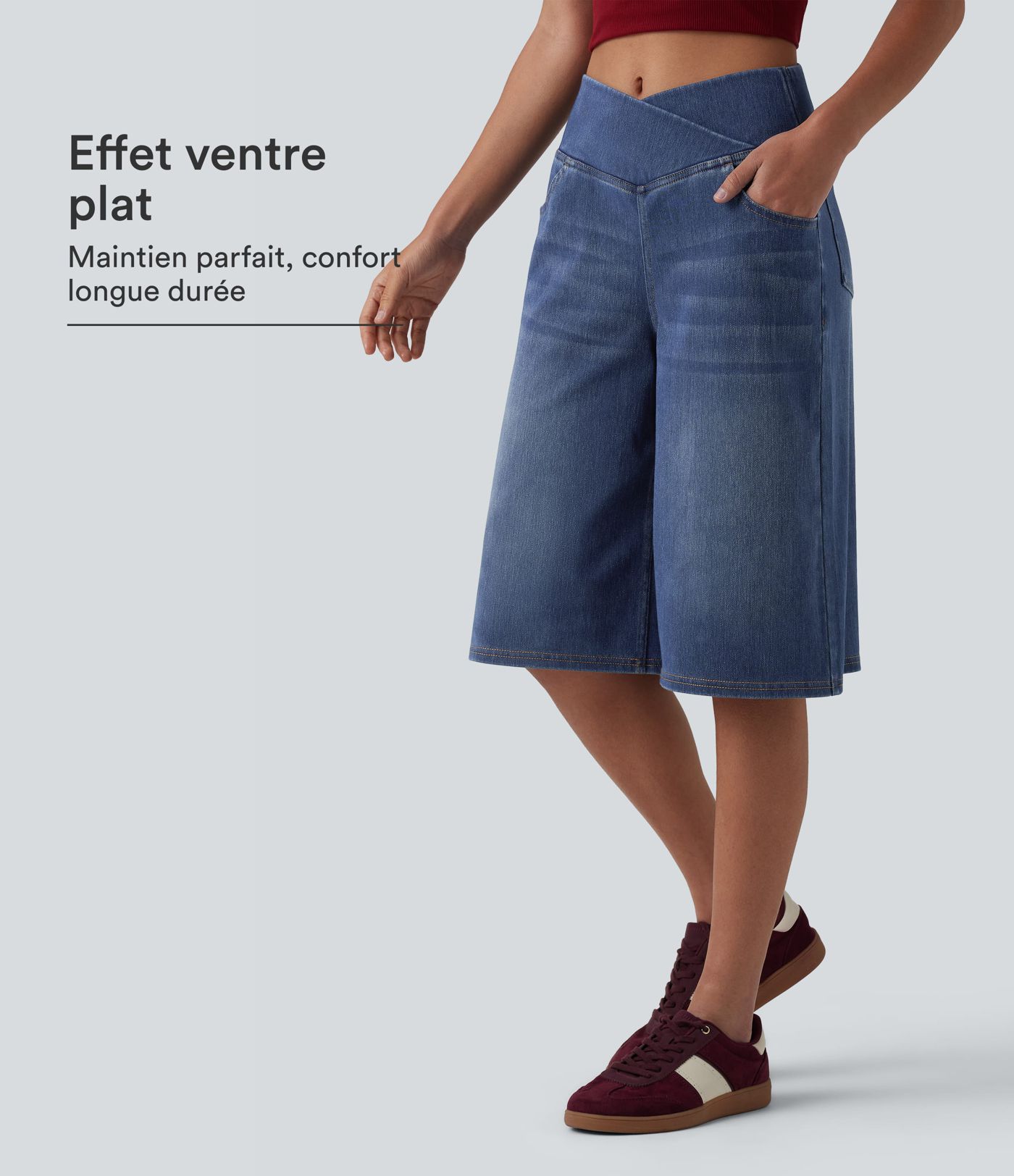 Short en jean ample Halara Flex™ taille haute croisé gainant décontracté avec poches Short en jean ample Halara Flex™ taille haute croisé gainant décontracté avec poches