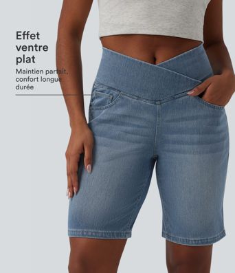 Short en jean Halara Flex™ casual gainant taille haute croisée avec poches Short en jean Halara Flex™ casual gainant taille haute croisée avec poches