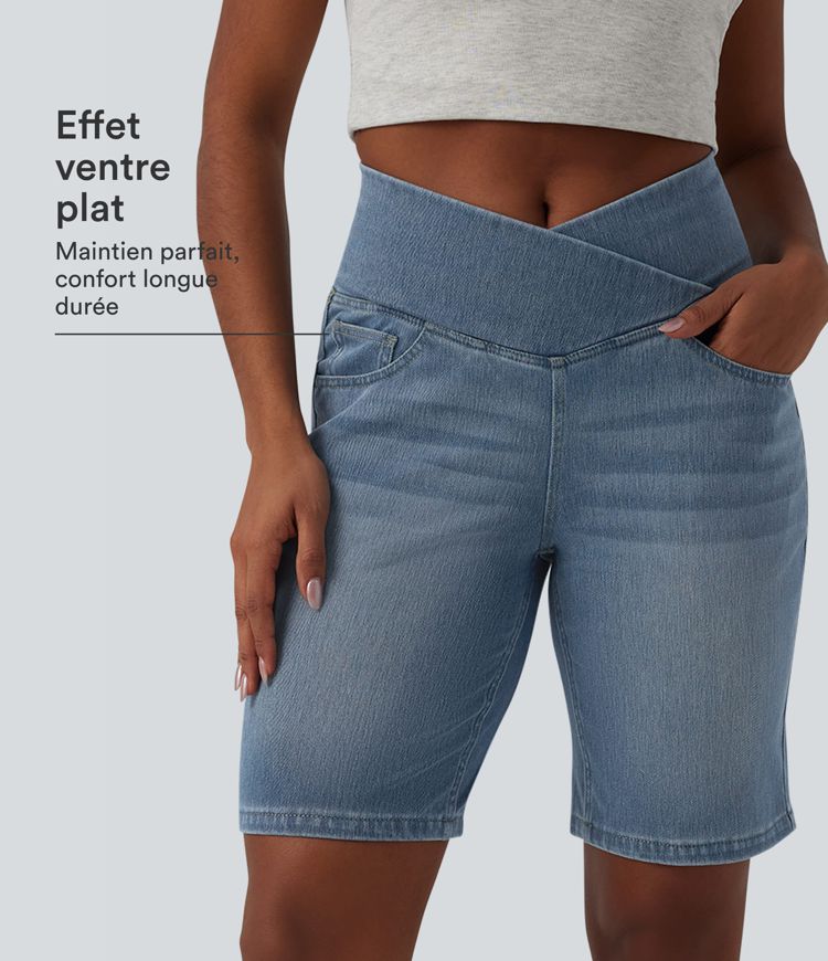Short en jean Halara Flex™ casual gainant taille haute croisée avec poches Short en jean Halara Flex™ casual gainant taille haute croisée avec poches